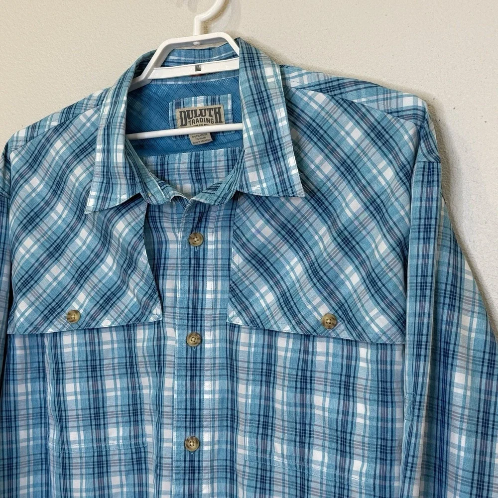 Duluth No FLyzone Fishing Shirt Mens Size 2XL Tall Blue Plaid Vented Long Sleeve
